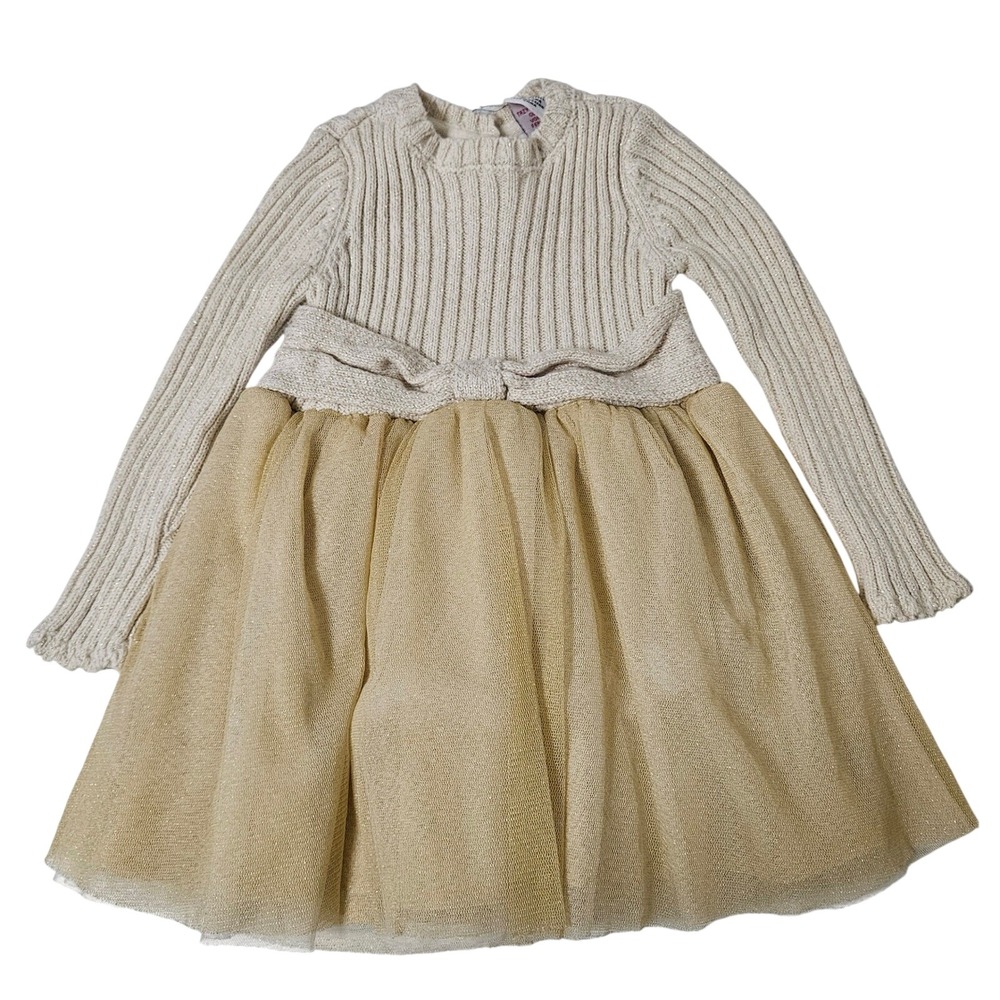 Cupcakes and Cashmere Dress Kids 12M Gold Ribbed Knit Tulle Metallic Bow Holiday